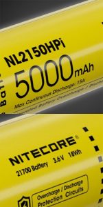 There are two photos on top of one another. The first one shows the mAh of a NL2150HPi battery. The second shows that the battery is a type 21700, with 3.6 volts, and 18 Watt-Hours