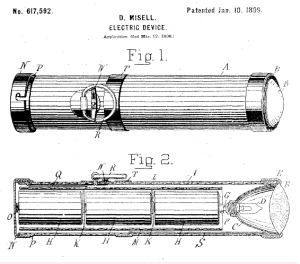 An image showing a illustration of the first flashlight patent. It shows both the outside and inside mechanics and would set a precedent for flashlights to come.