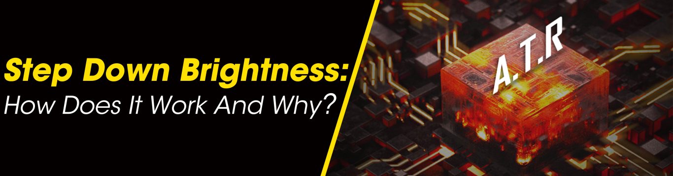 The title banner with the caption "Step Down Brightness: How Does It Work and Why?". The picture next to these words depicts the inside of a flashlight with circuits all around it glowing red.
