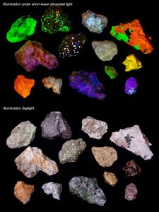A collection of rock under UV light and then normal light