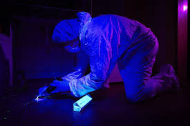 A person in scrubs uses UV light to identify something on the floor